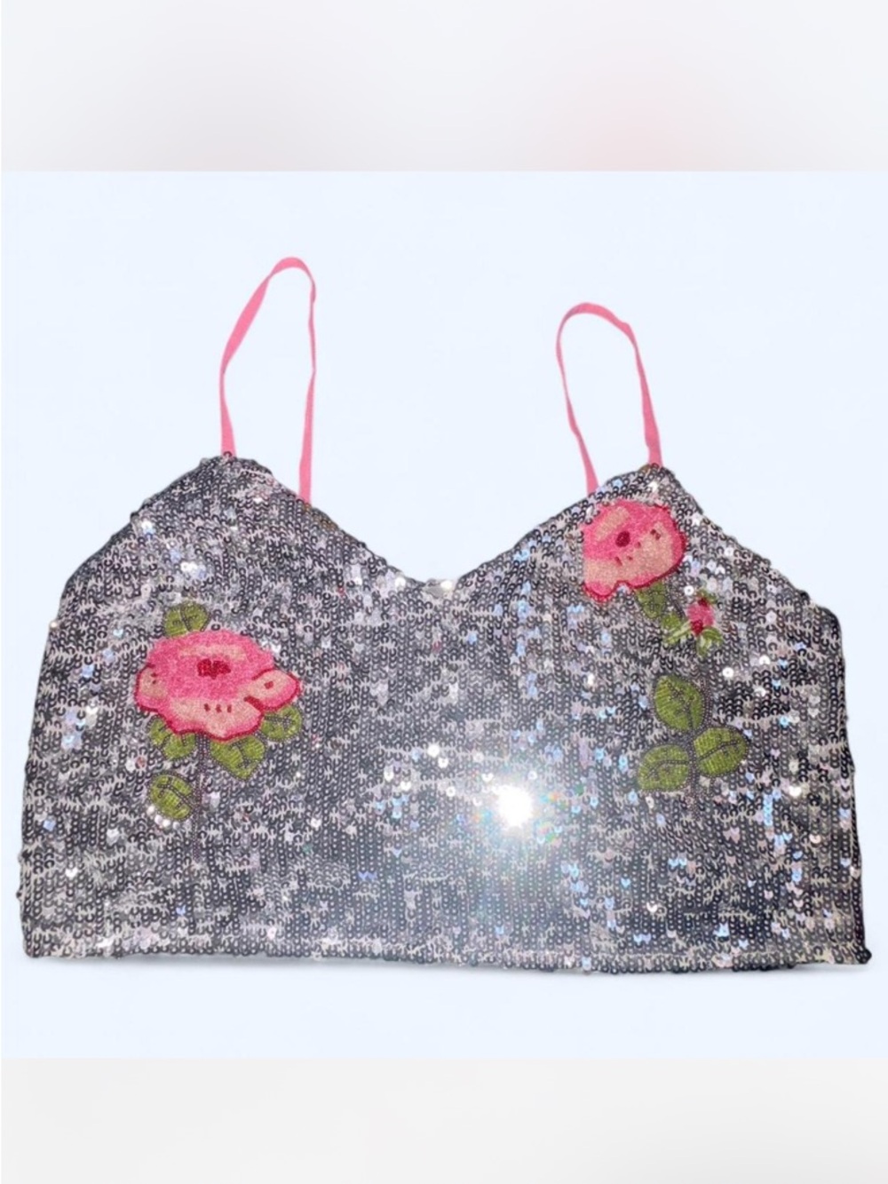 NWT Topshop Silver Sequin Crop Top with beaded rose  Accents